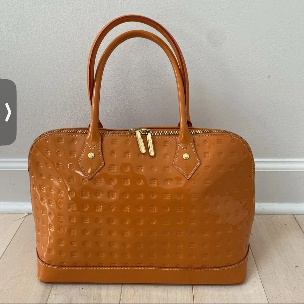 Arcadia orange patent leather bag satchel